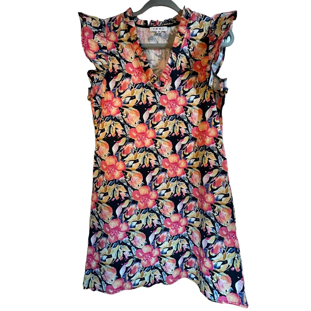 THML Black Floral Mini Dress with Pink & Yellow Blooms